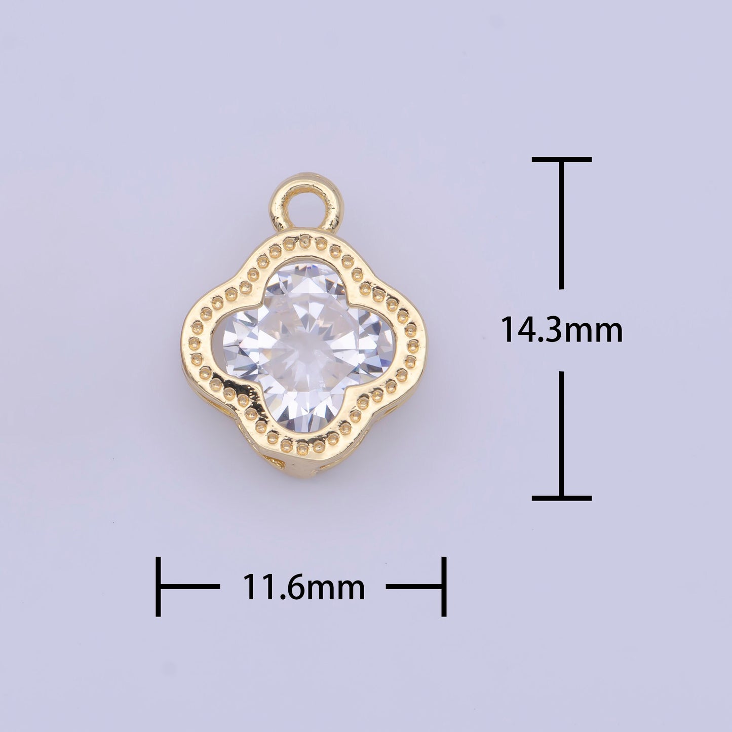 24K Gold Plated CZ Four-Leaf Flower Clover Pendant for Necklace Bracelet Supply, Diamond Flower Emblem w. Studded Edge Charm | X-718