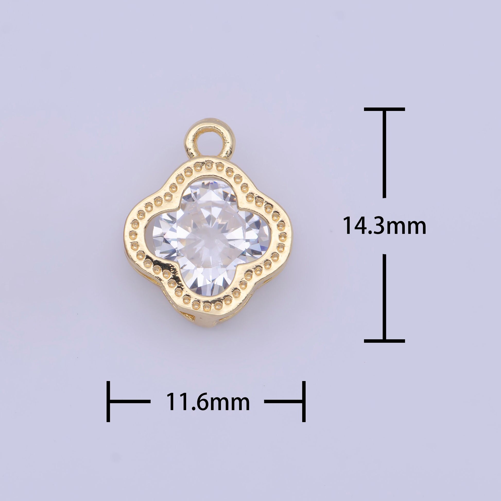 24K Gold Plated CZ Four-Leaf Flower Clover Pendant for Necklace Bracelet Supply, Diamond Flower Emblem w. Studded Edge Charm | X-718