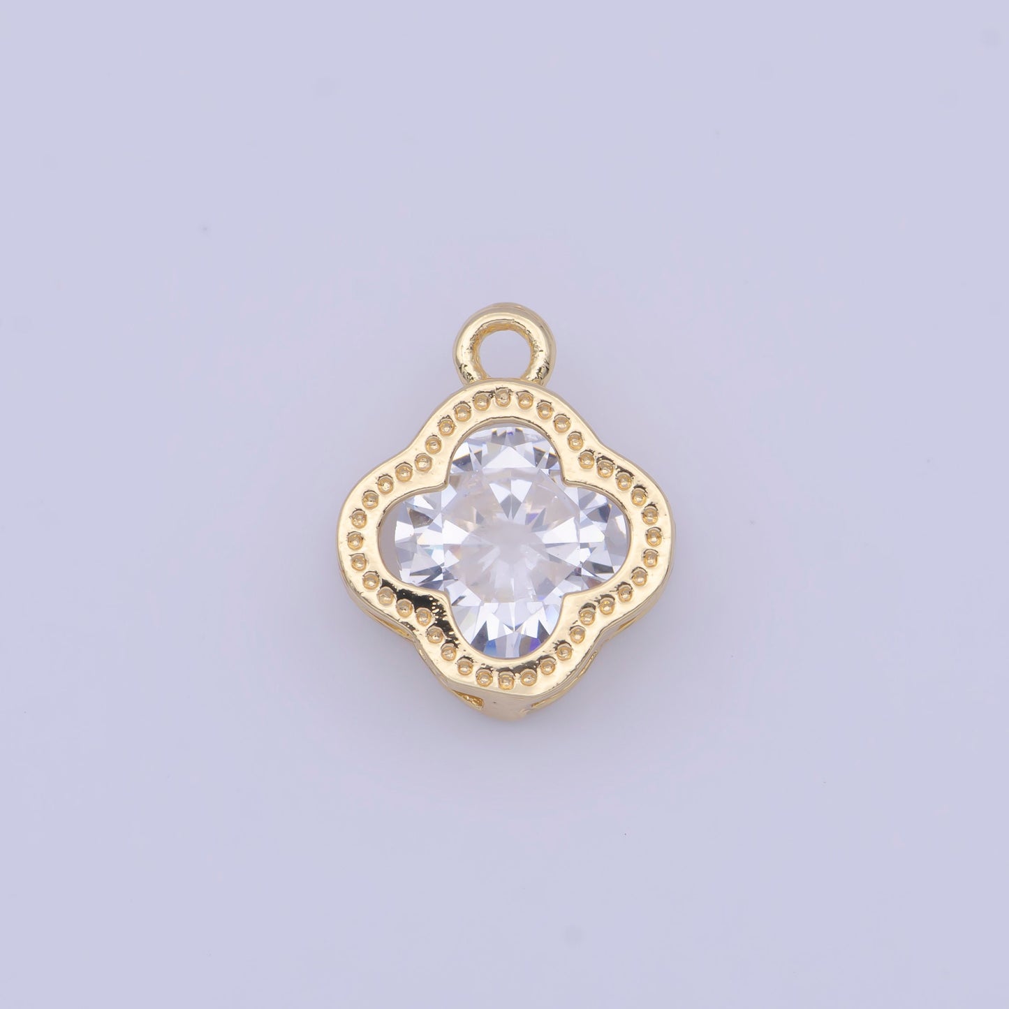 24K Gold Plated CZ Four-Leaf Flower Clover Pendant for Necklace Bracelet Supply, Diamond Flower Emblem w. Studded Edge Charm | X-718