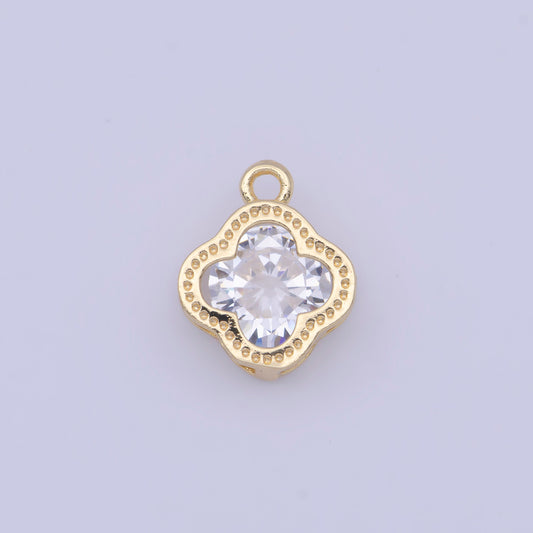 24K Gold Plated CZ Four-Leaf Flower Clover Pendant for Necklace Bracelet Supply, Diamond Flower Emblem w. Studded Edge Charm | X-718