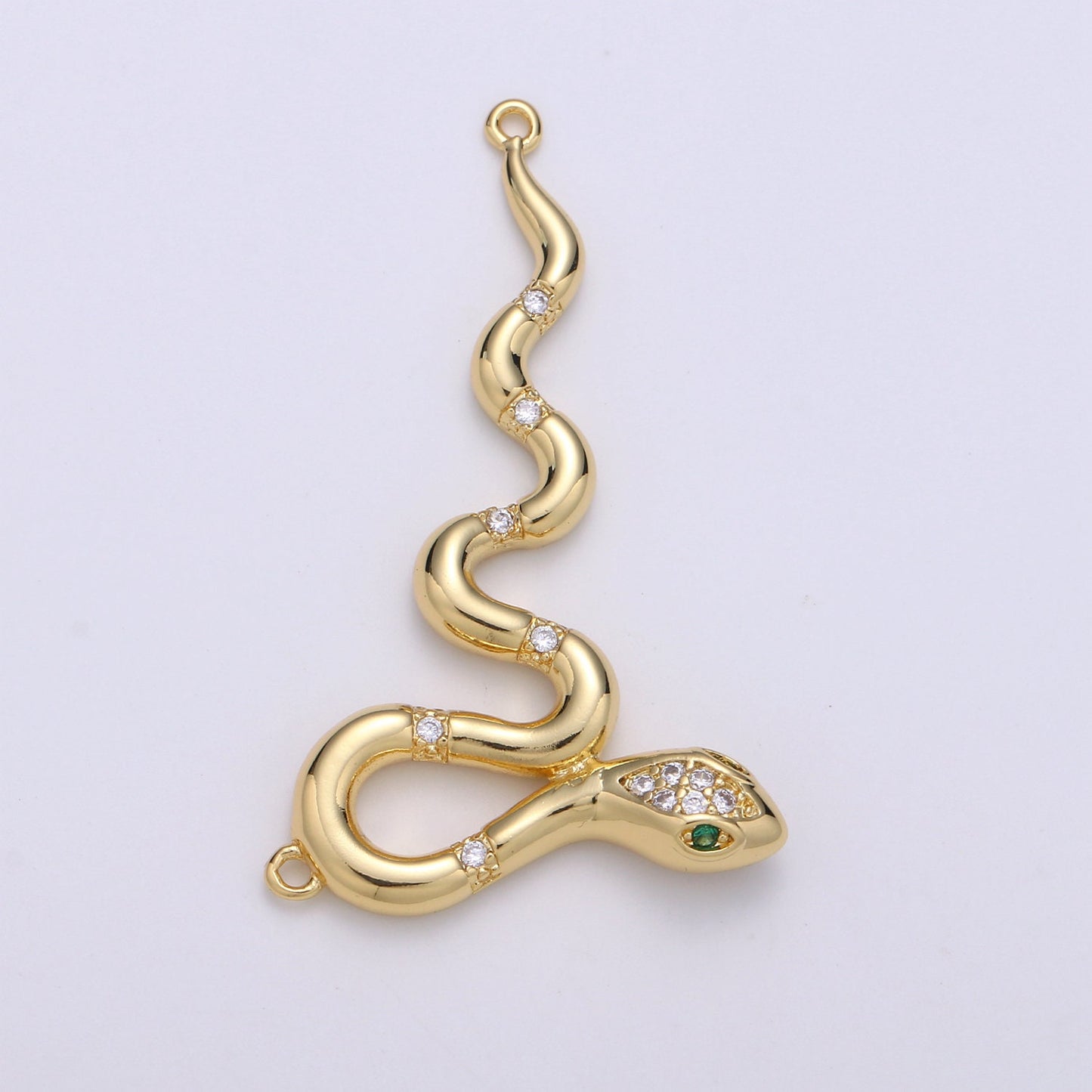 Elegant Gold CZ Emerald Green-Eyed Snake Charm Connector, 14K Gold Filled Clear Micro Paved CZ Long Snake Link Connector | F-429