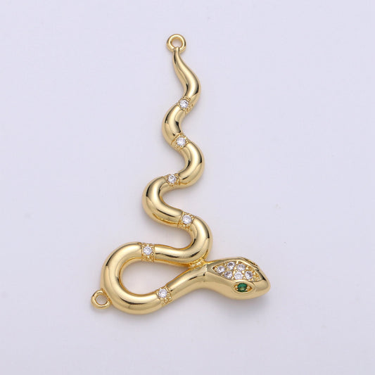 Elegant Gold CZ Emerald Green-Eyed Snake Charm Connector, 14K Gold Filled Clear Micro Paved CZ Long Snake Link Connector | F-429