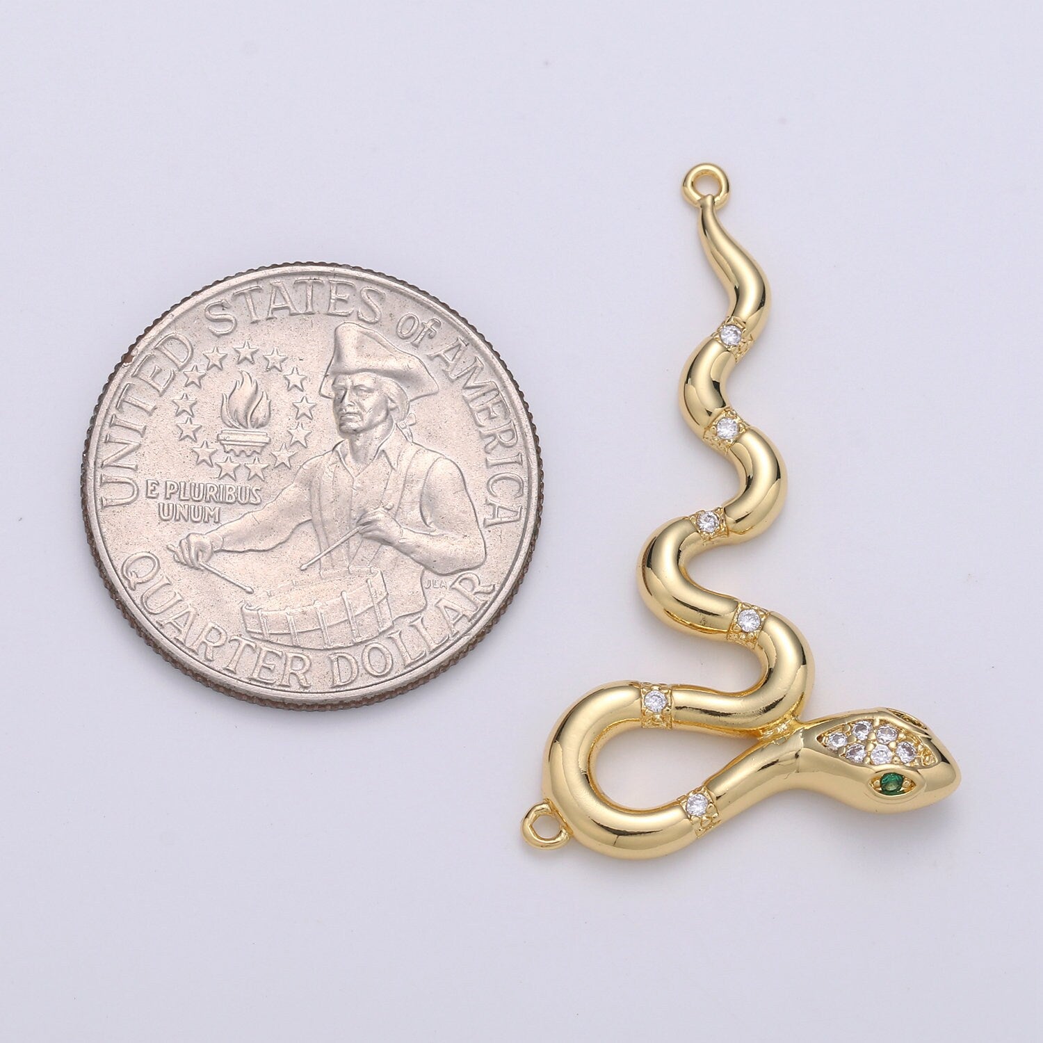 Elegant Gold CZ Emerald Green-Eyed Snake Charm Connector, 14K Gold Filled Clear Micro Paved CZ Long Snake Link Connector | F-429