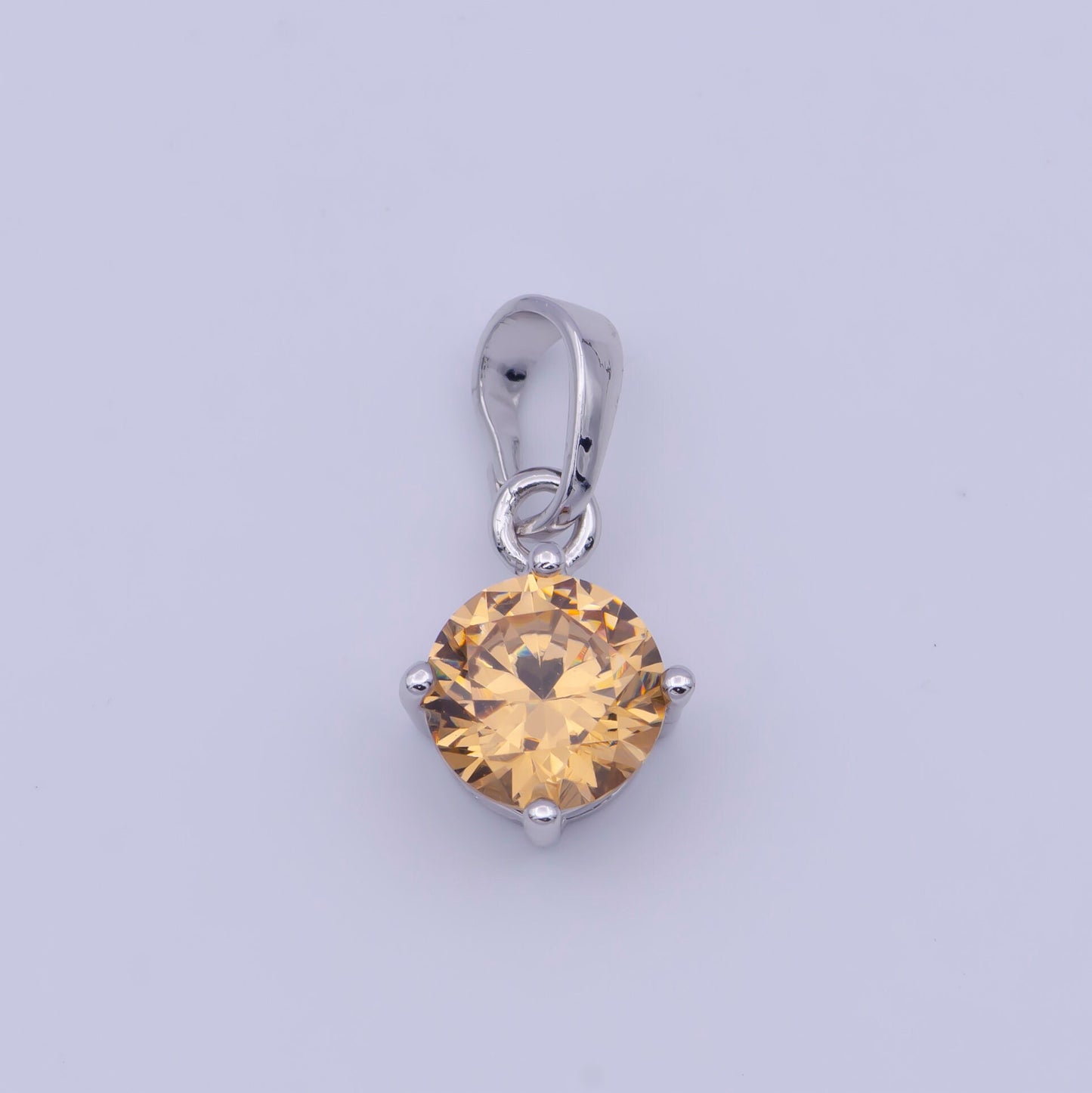 Silver Round Solitaire CZ Pendant, White Gold Filled Peach Solitaire Micro Paved Cubic Zirconia Charm | X-528