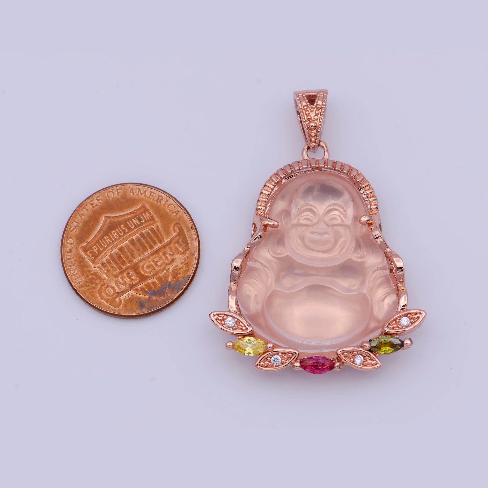 Rose Gold CZ Laughing Buddha Pendant, Rose Gold Filled Jade Pink Micro Paved Marquise CZ Smiling Buddha Feng Shui Charm | X-529
