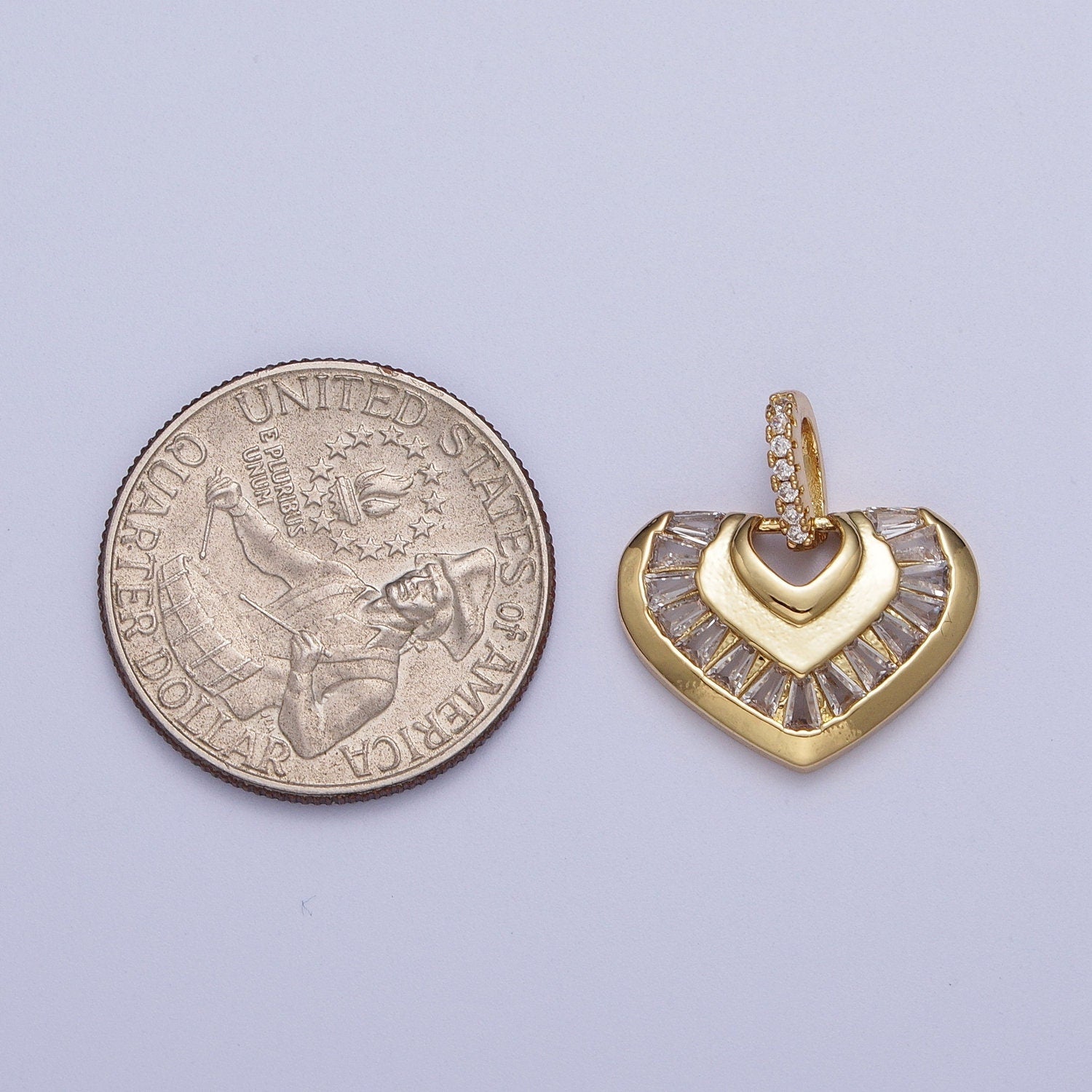 Gold Heart Armor Pendant, 14K Gold Plated Clear Micro Paved CZ Bail Baguette Stones Armor Love Heart Charm | X-534