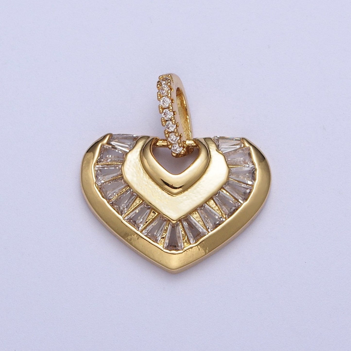 Gold Heart Armor Pendant, 14K Gold Plated Clear Micro Paved CZ Bail Baguette Stones Armor Love Heart Charm | X-534