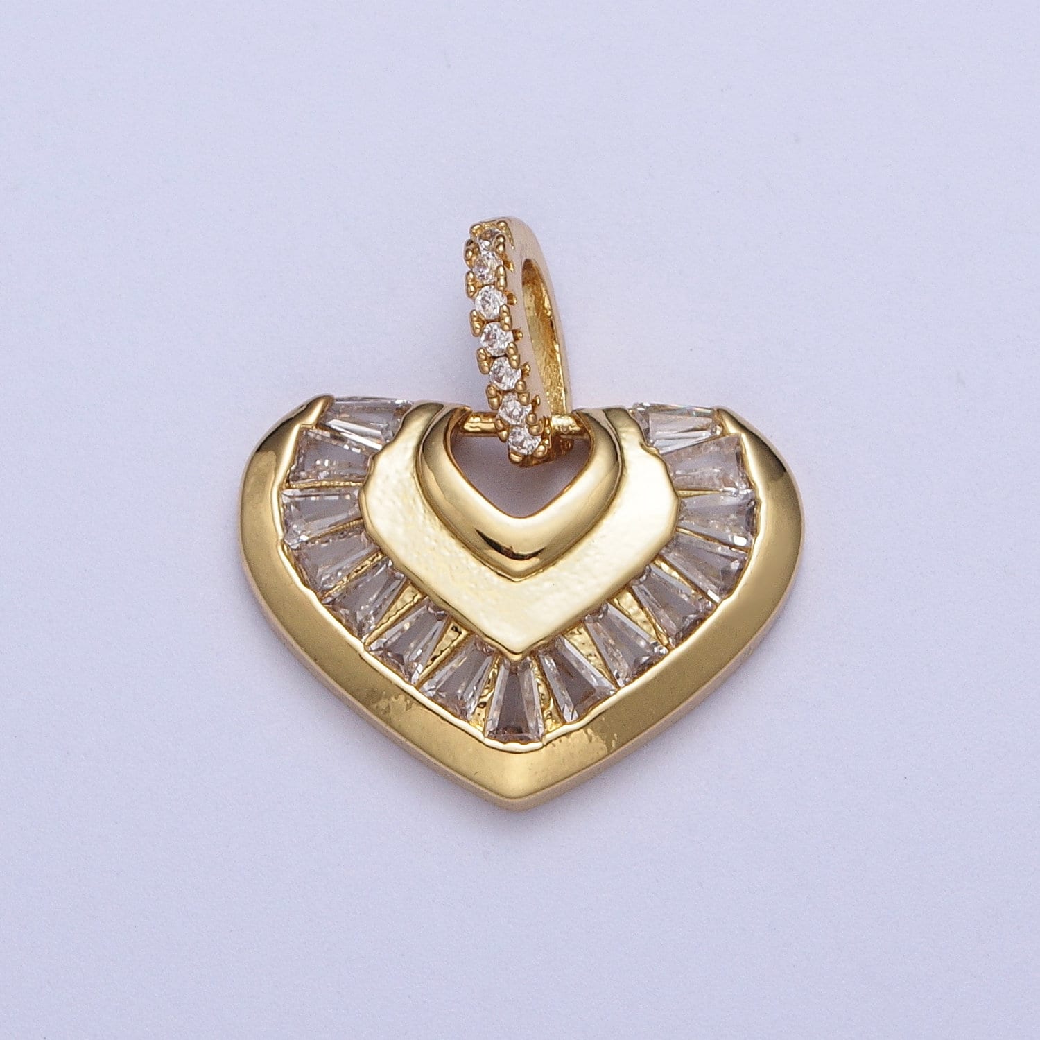 Gold Heart Armor Pendant, 14K Gold Plated Clear Micro Paved CZ Bail Baguette Stones Armor Love Heart Charm | X-534