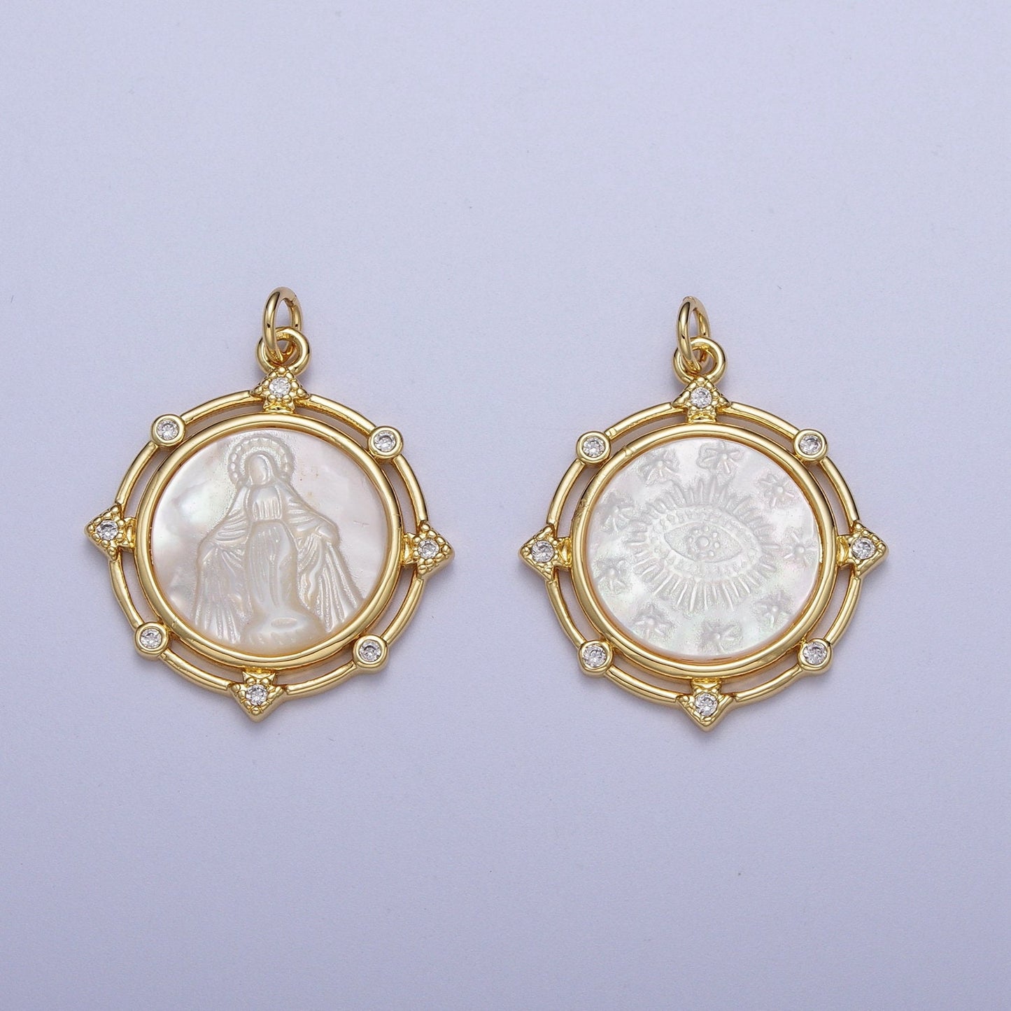 Pearl Gold Virgin Mary & Eye of Ra Coin Medallion Pendant, 24K Gold Plated Clear Micro Paved CZ Pearl Finish Round Charm | X-726, X-727