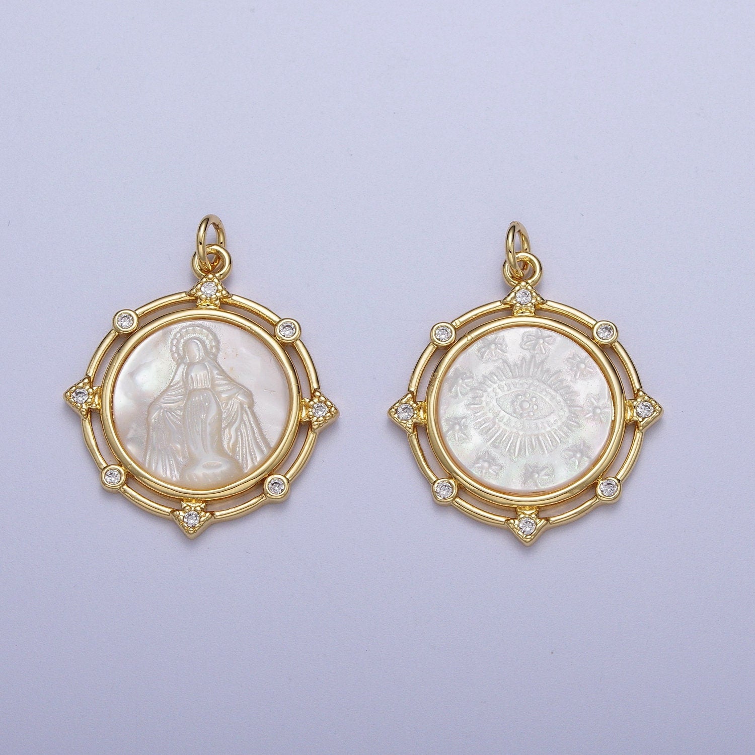 Pearl Gold Virgin Mary & Eye of Ra Coin Medallion Pendant, 24K Gold Plated Clear Micro Paved CZ Pearl Finish Round Charm | X-726, X-727