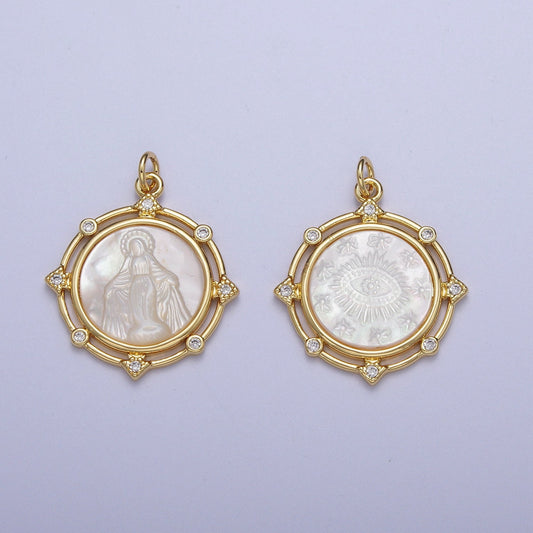 Pearl Gold Virgin Mary & Eye of Ra Coin Medallion Pendant, 24K Gold Plated Clear Micro Paved CZ Pearl Finish Round Charm | X-726, X-727