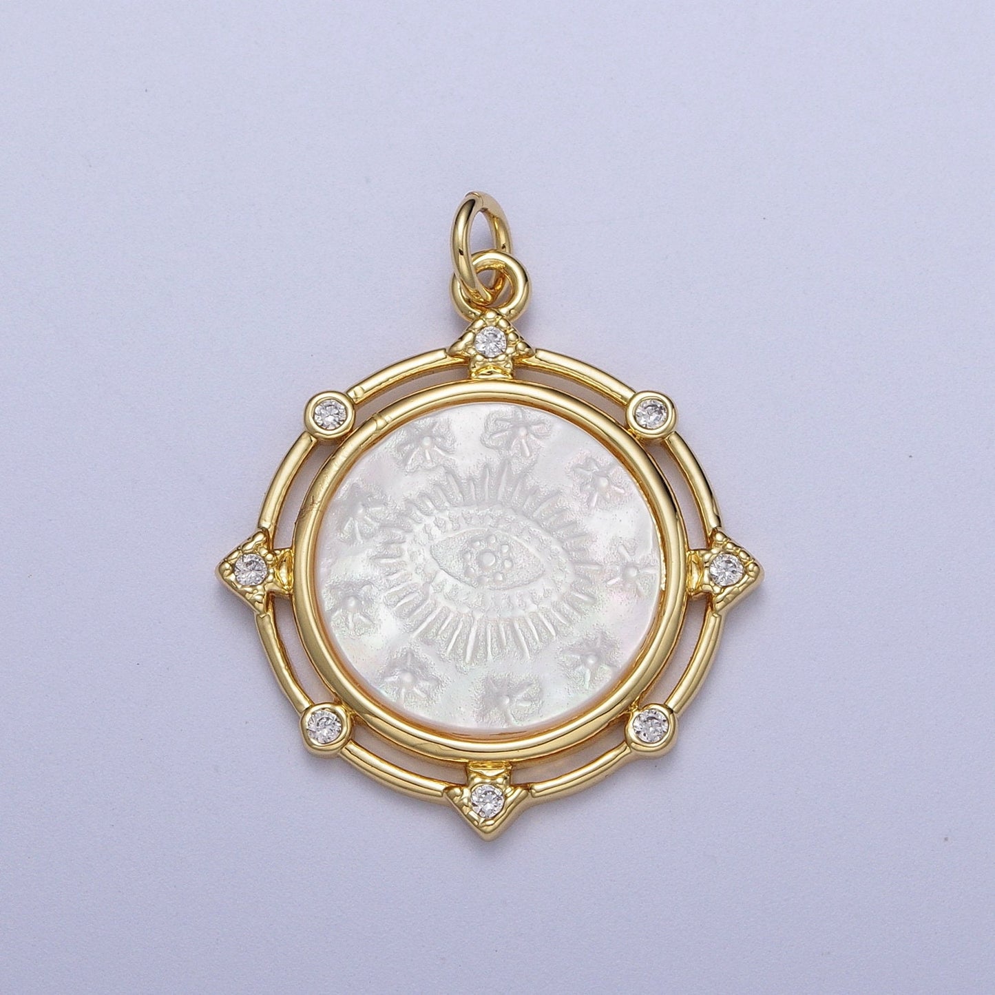 Pearl Gold Virgin Mary & Eye of Ra Coin Medallion Pendant, 24K Gold Plated Clear Micro Paved CZ Pearl Finish Round Charm | X-726, X-727