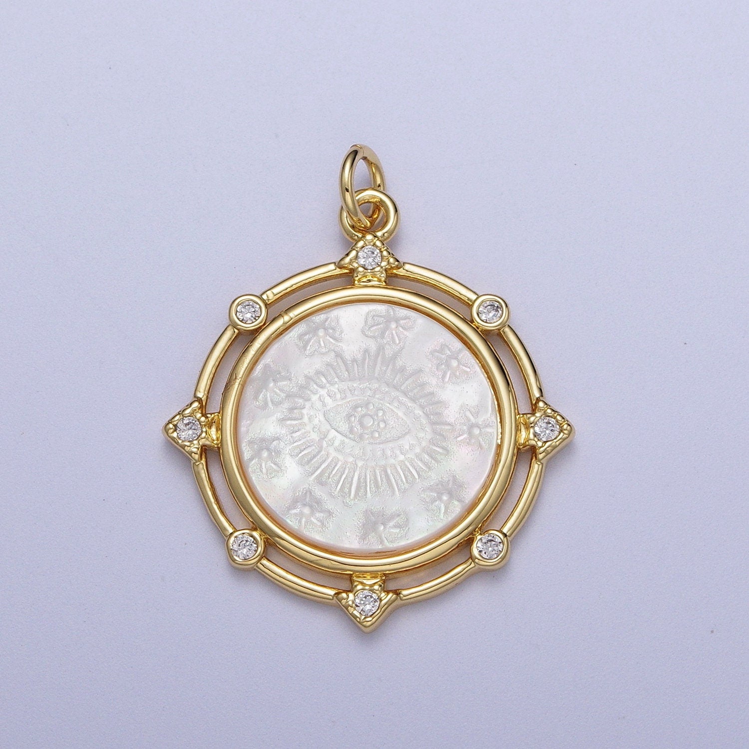 Pearl Gold Virgin Mary & Eye of Ra Coin Medallion Pendant, 24K Gold Plated Clear Micro Paved CZ Pearl Finish Round Charm | X-726, X-727