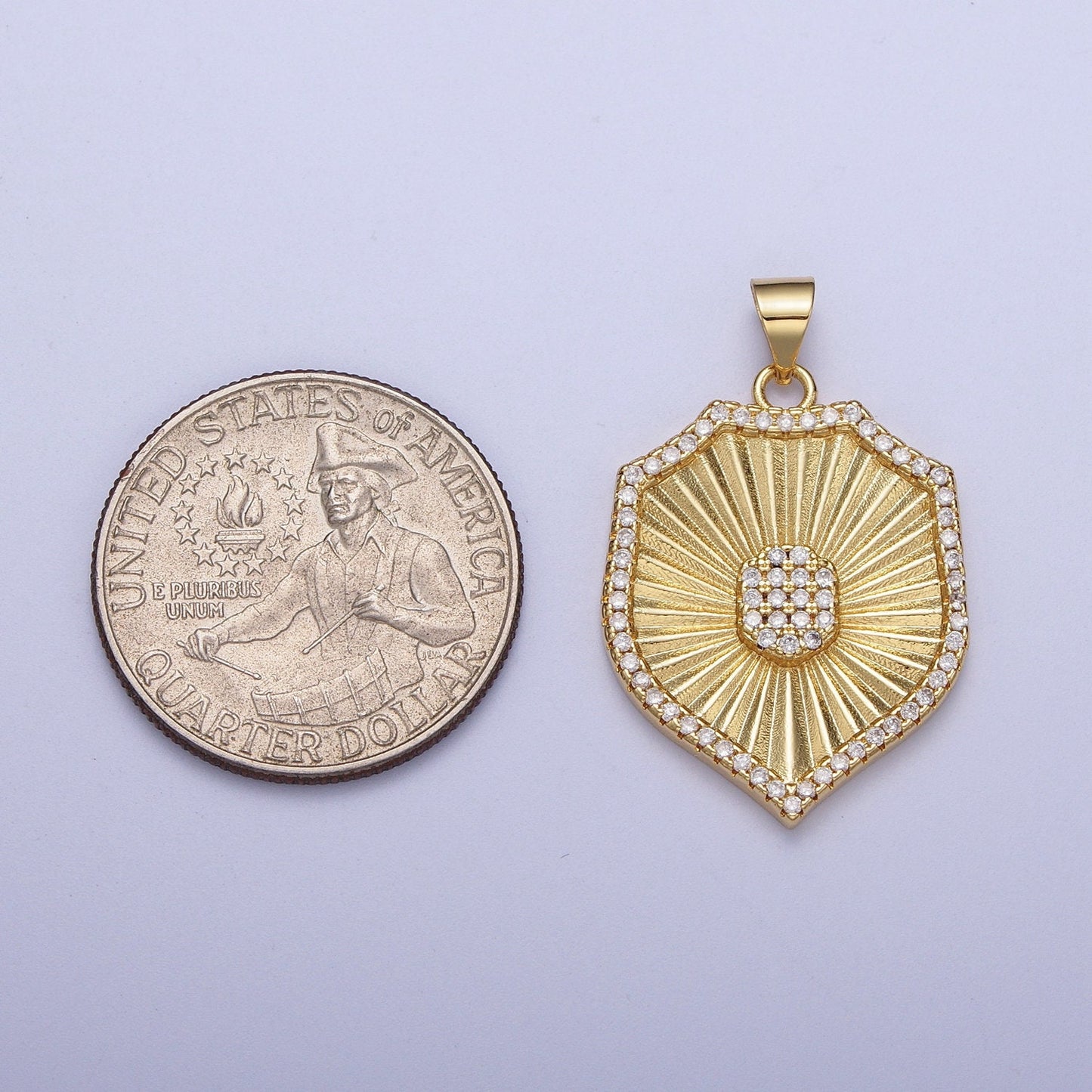 Gold CZ Sunburst Armor Badge Pendant, 24K Gold Plated Clear Micro Paved CZ Authority Badge-Shaped Armor Charm | X-536