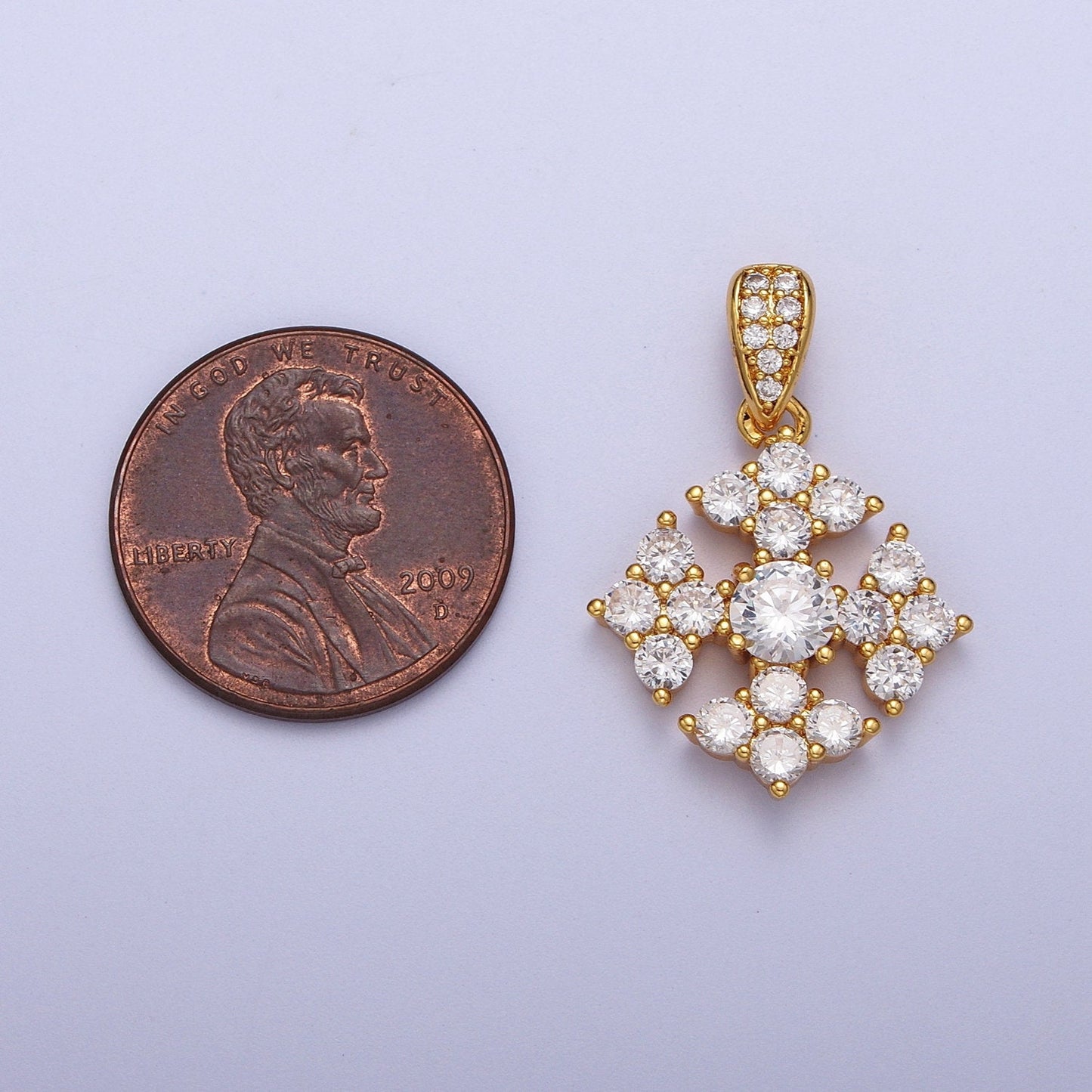 Gold CZ Snowflake Patterned Pendant, 24K Gold Plated Clear Micro Paved CZ Cross Snowflake Charm w. CZ Bail Charm | X-679