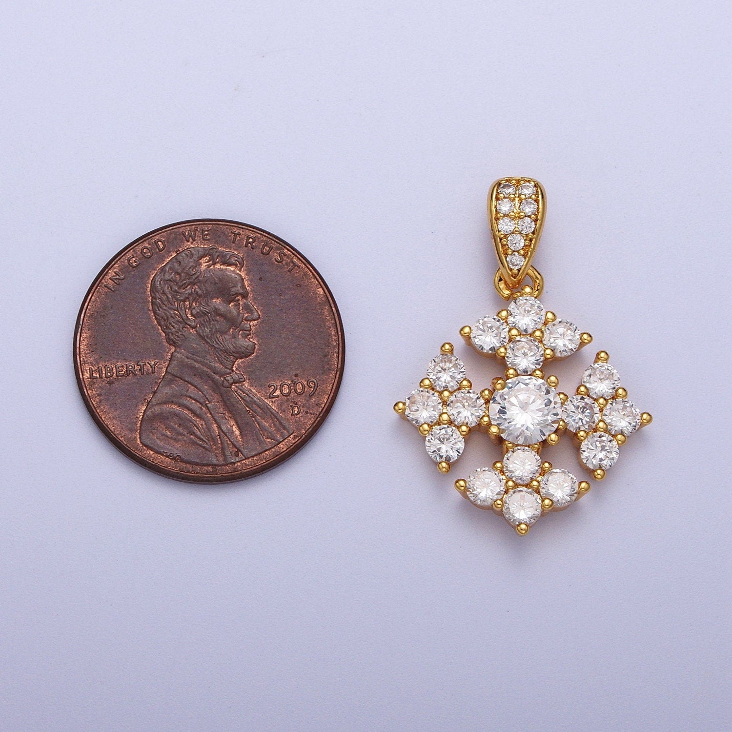Gold CZ Snowflake Patterned Pendant, 24K Gold Plated Clear Micro Paved CZ Cross Snowflake Charm w. CZ Bail Charm | X-679