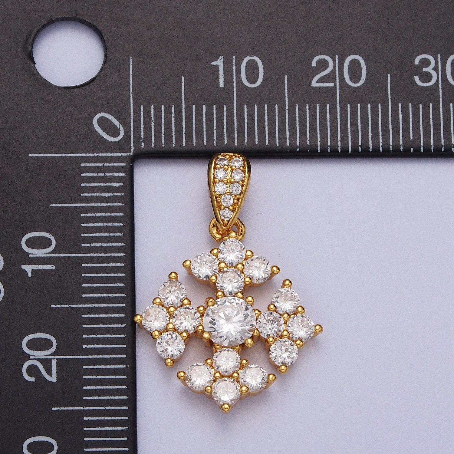 Gold CZ Snowflake Patterned Pendant, 24K Gold Plated Clear Micro Paved CZ Cross Snowflake Charm w. CZ Bail Charm | X-679