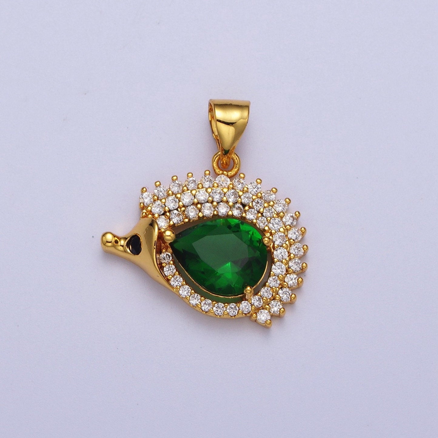 Emerald Green Stone Gold Porcupine Pendant, 24K Gold Plated Clear Micro Paved CZ Black Eyes Emerald Green Body Porcupine Charm | X-681