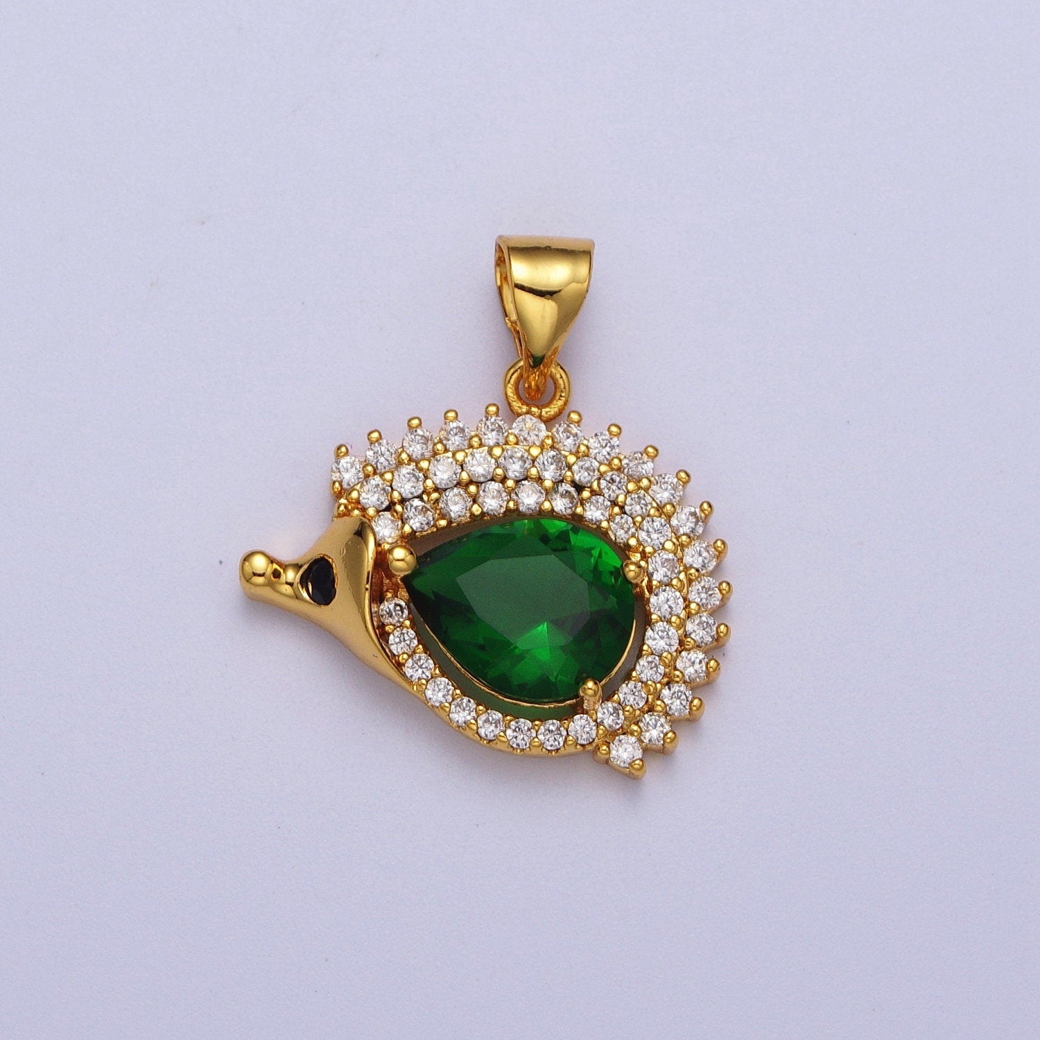 Emerald Green Stone Gold Porcupine Pendant, 24K Gold Plated Clear Micro Paved CZ Black Eyes Emerald Green Body Porcupine Charm | X-681