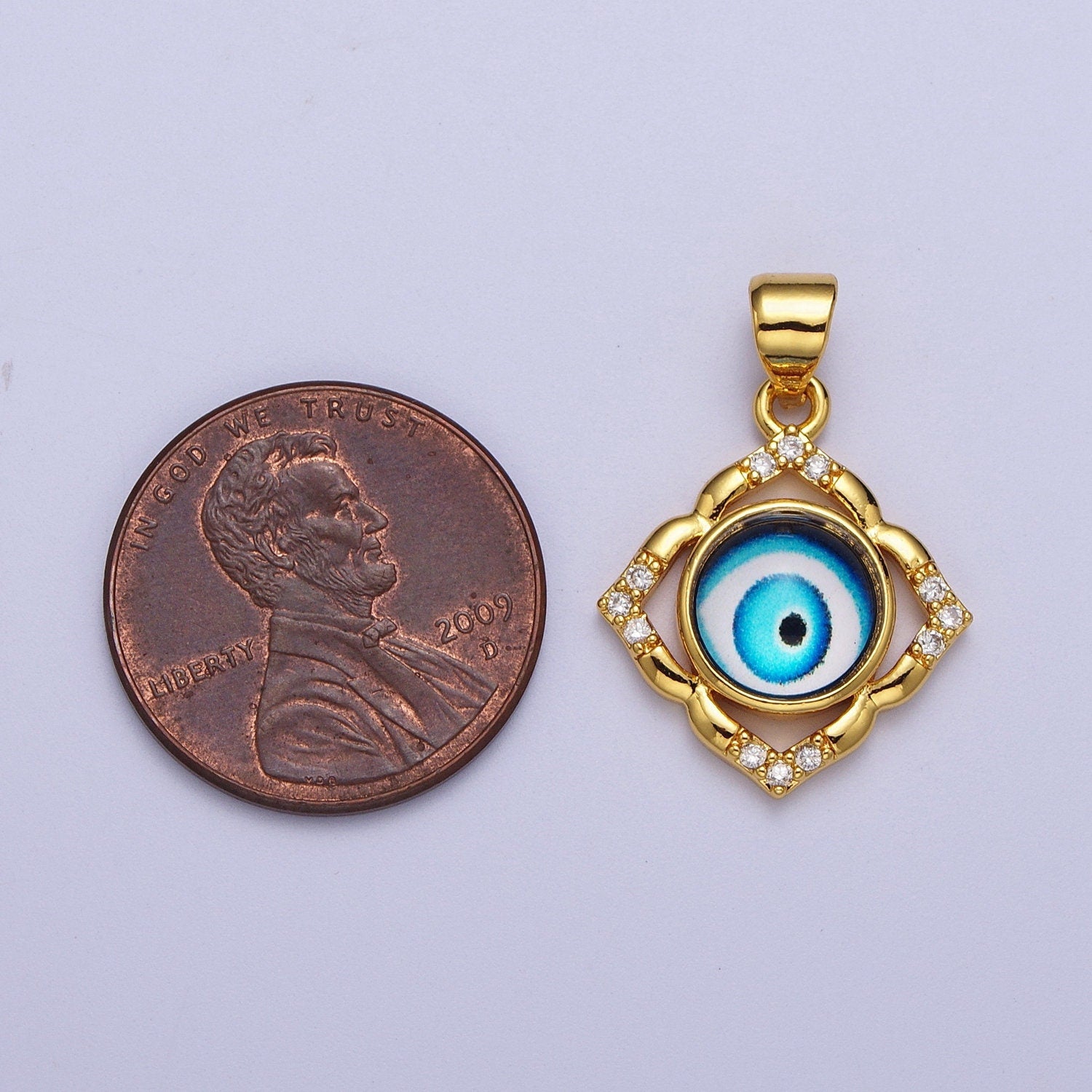 Bright Blue Evil Eye Gold Floral Patterned Pandent, 24K Gold Filled Blue Hypnotic Eye of Ra w. Clear Micro Paved CZ Florette Charm | X-685