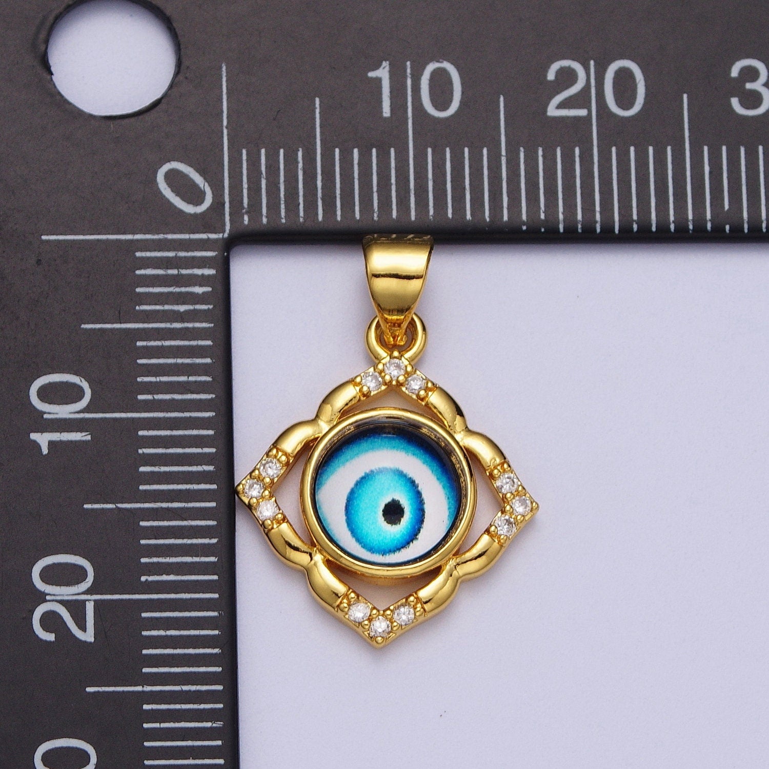 Bright Blue Evil Eye Gold Floral Patterned Pandent, 24K Gold Filled Blue Hypnotic Eye of Ra w. Clear Micro Paved CZ Florette Charm | X-685