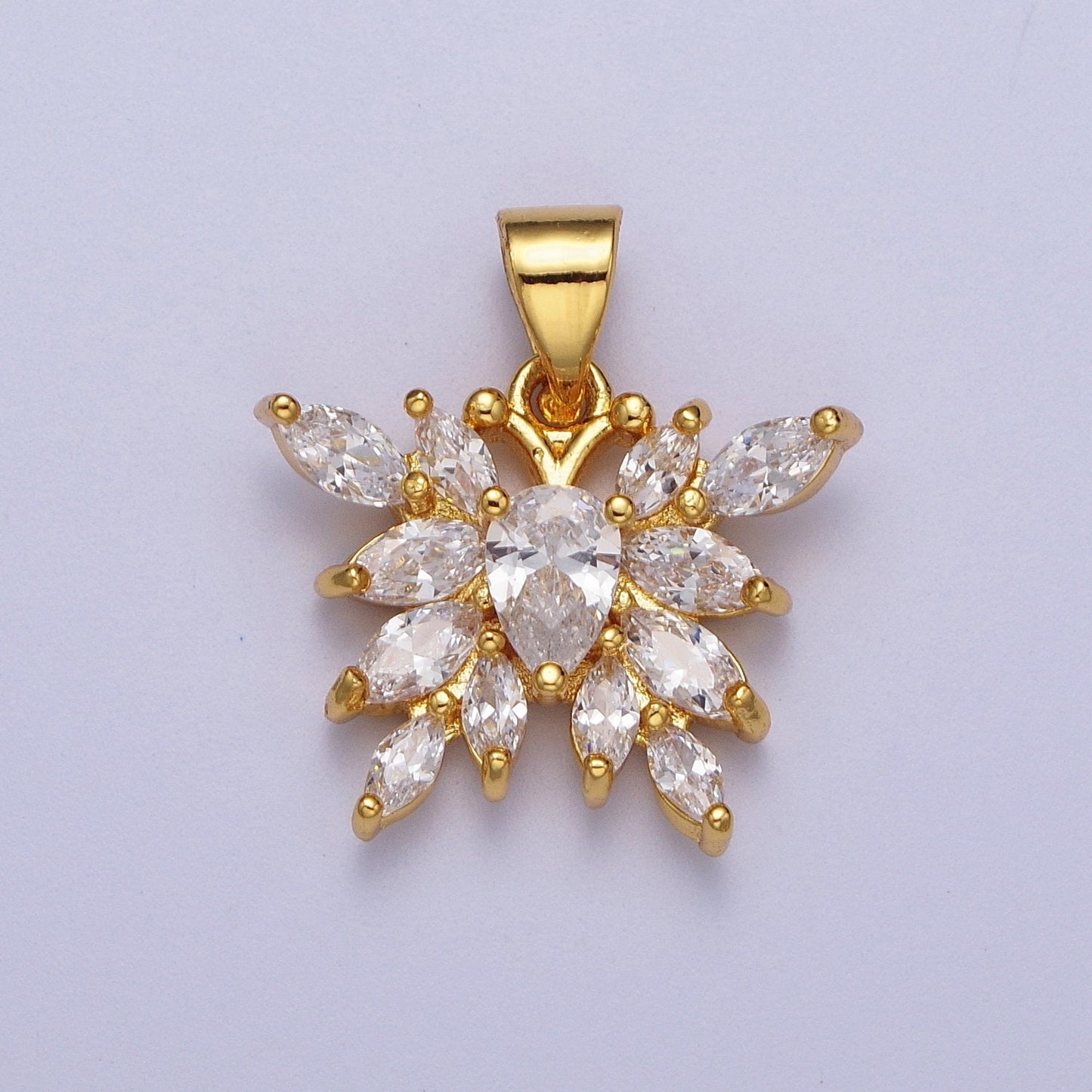 Gold Butterfly Pendant, 24K Gold Plated Large Clear Micro Paved Marquise Cut CZ Butterflies Mariposa Charm | X-682