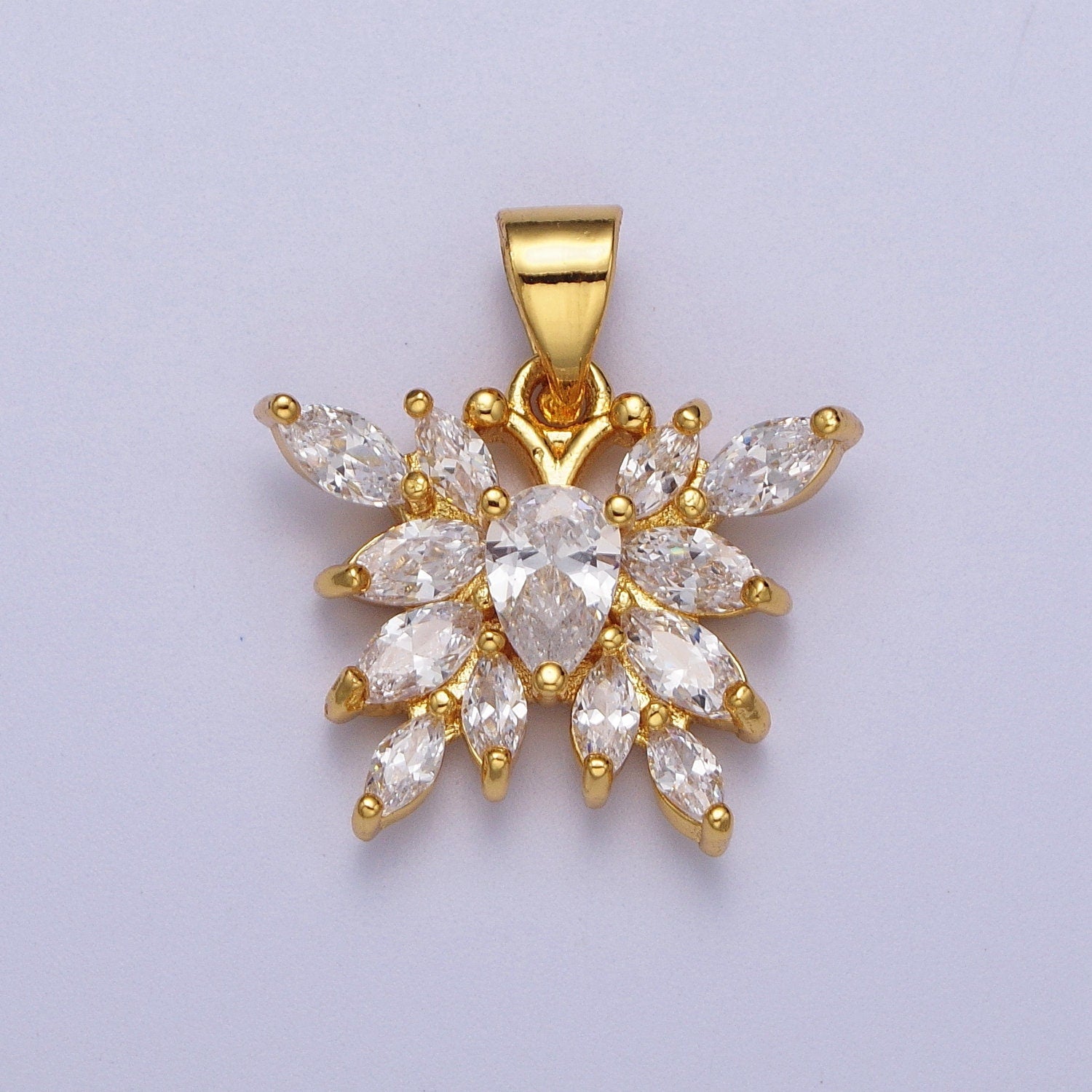 Gold Butterfly Pendant, 24K Gold Plated Large Clear Micro Paved Marquise Cut CZ Butterflies Mariposa Charm | X-682