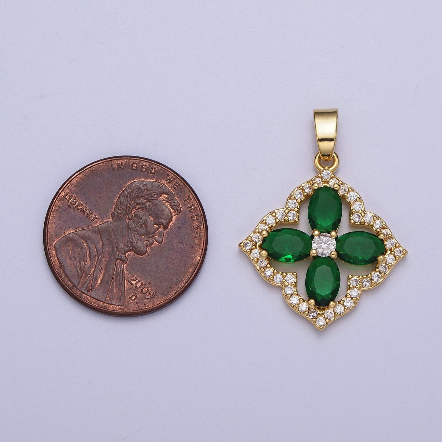 Gold CZ Emerald Green Four-Leaf Clover Lucky Pendant, 24K Gold Plated Emerald Green and  Clear Micro Paved CZ Crystals Charm | X-548