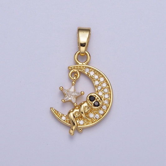 Gold CZ Robot on Moon Star Pendant, 24K Gold Plated Clear Black Micro Paved CZ Celestial Moon & Star Charm | X-670