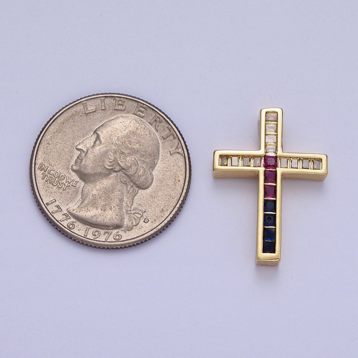 Chunky Gold Cross Pendant, 24K Gold Filled Micro Paved Square Colored CZ Baguette Stones Religious Cross Charm | B-059