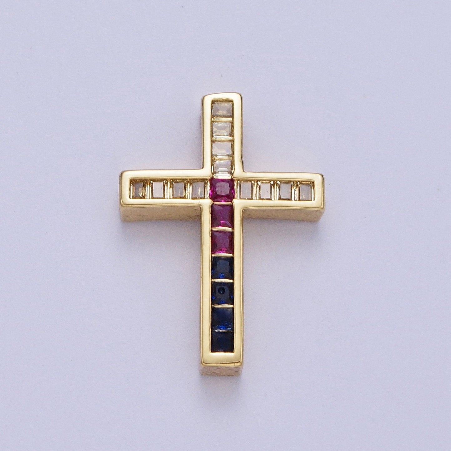 Chunky Gold Cross Pendant, 24K Gold Filled Micro Paved Square Colored CZ Baguette Stones Religious Cross Charm | B-059