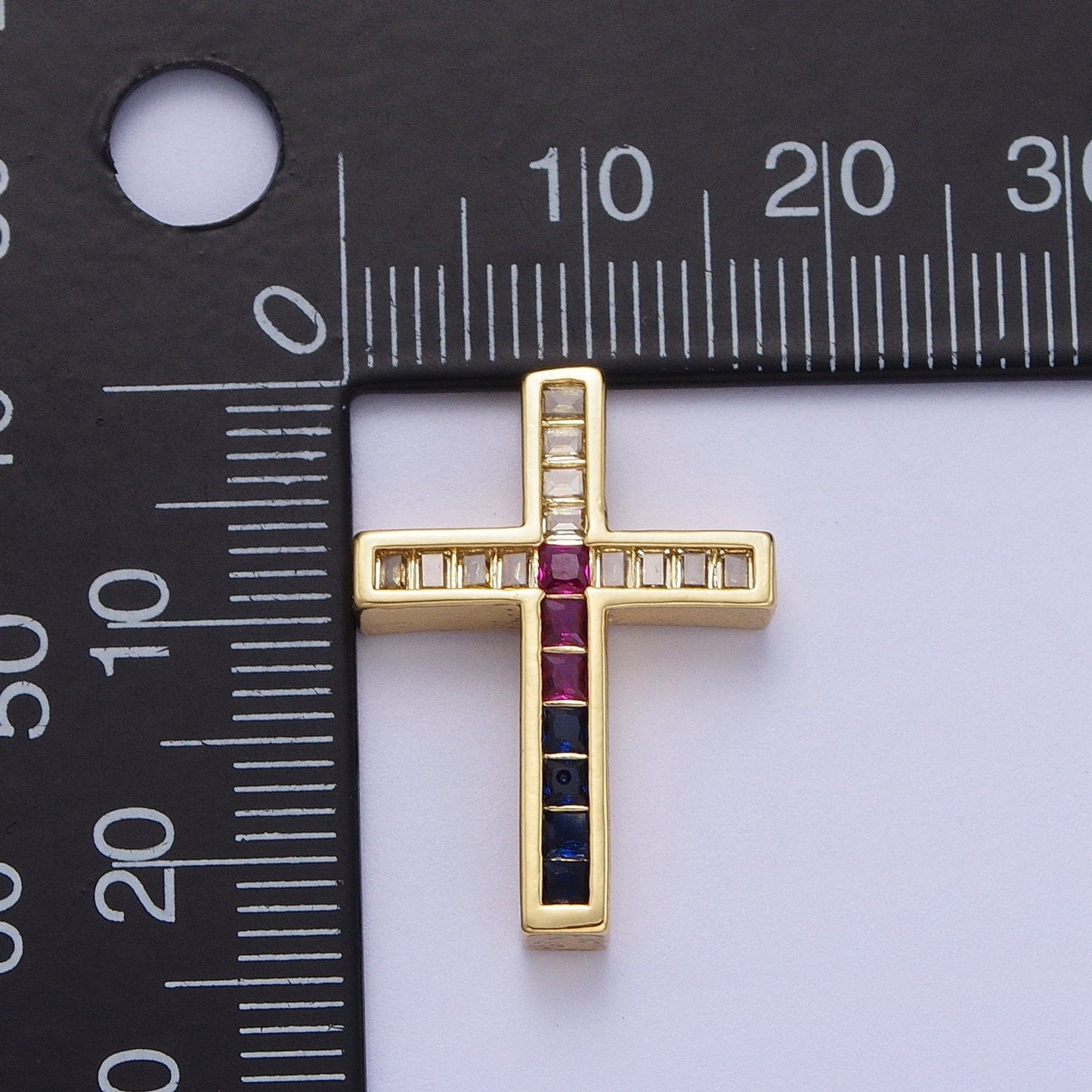 Chunky Gold Cross Pendant, 24K Gold Filled Micro Paved Square Colored CZ Baguette Stones Religious Cross Charm | B-059