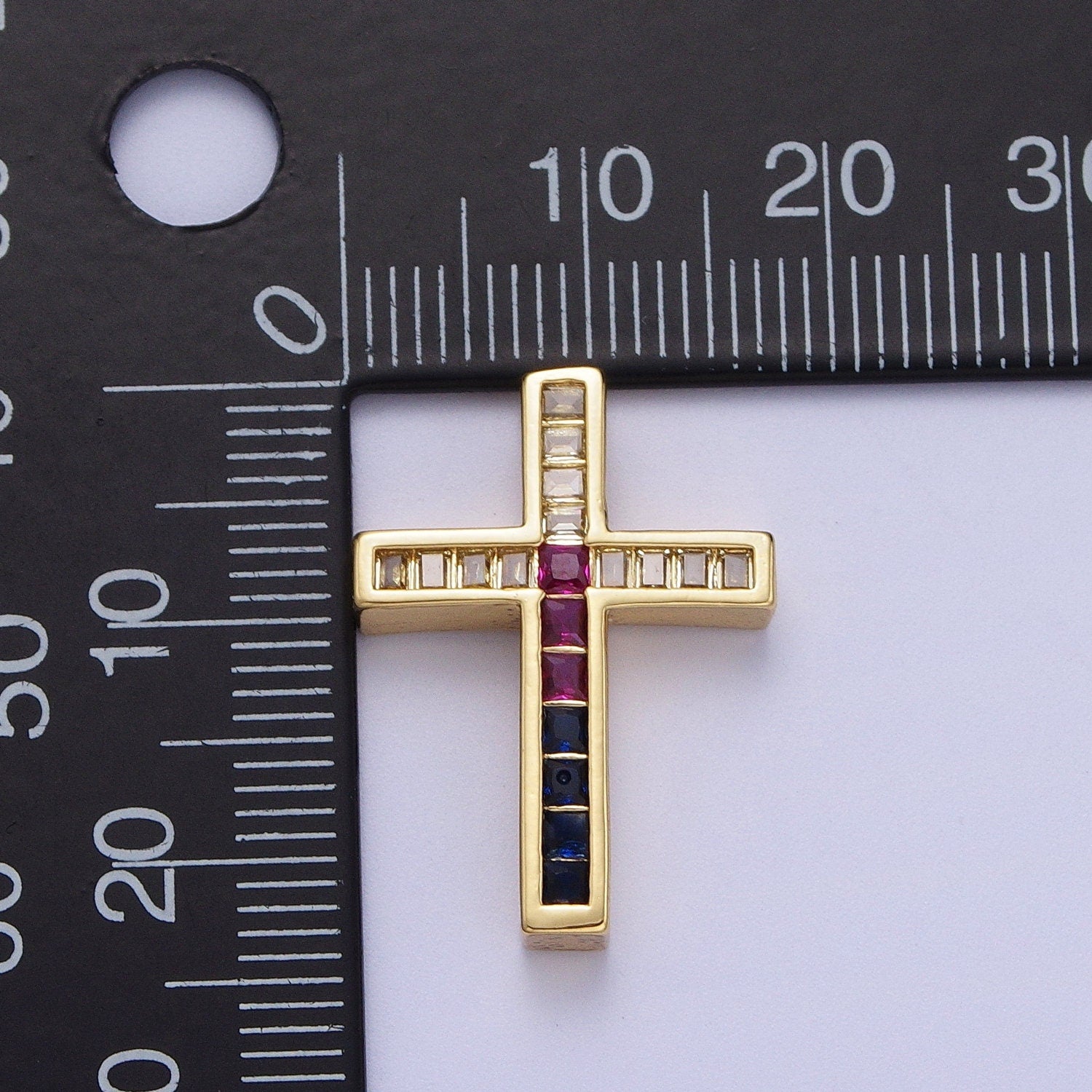 Chunky Gold Cross Pendant, 24K Gold Filled Micro Paved Square Colored CZ Baguette Stones Religious Cross Charm | B-059