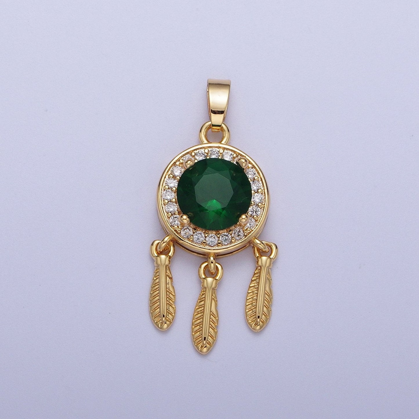 Gold Dream Catcher Pendant, 16K Gold Filled Clear Micro Paved CZ Emerald Green Crystal Diamond Center Dream Catcher Charm | X-696