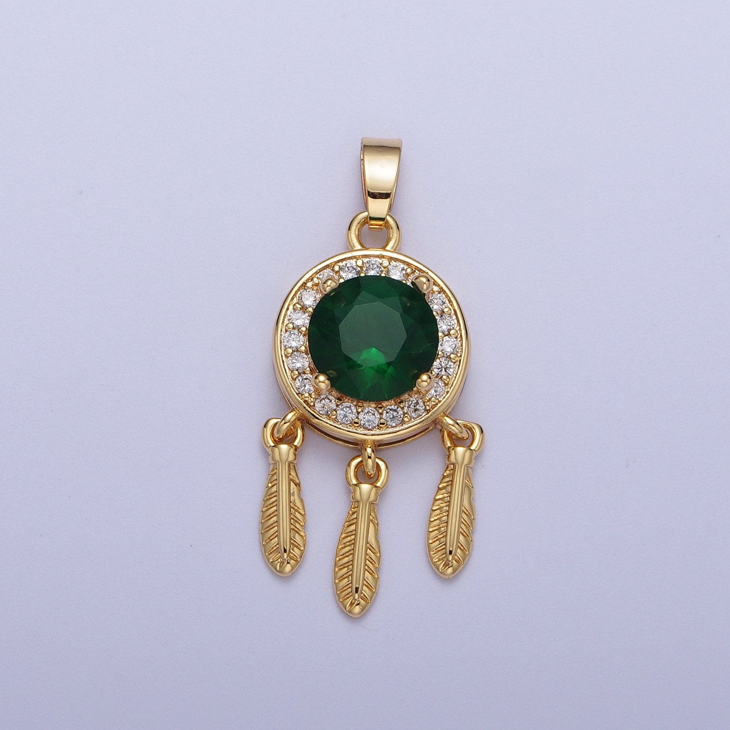 Gold Dream Catcher Pendant, 16K Gold Filled Clear Micro Paved CZ Emerald Green Crystal Diamond Center Dream Catcher Charm | X-696