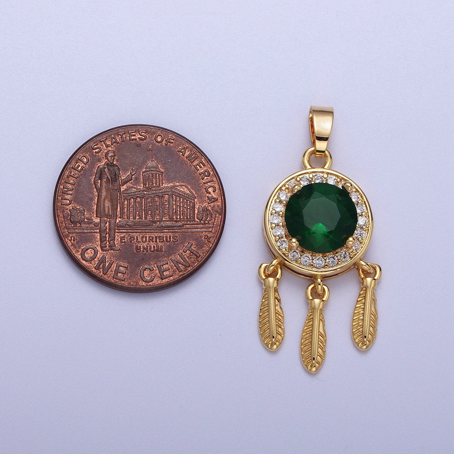 Gold Dream Catcher Pendant, 16K Gold Filled Clear Micro Paved CZ Emerald Green Crystal Diamond Center Dream Catcher Charm | X-696