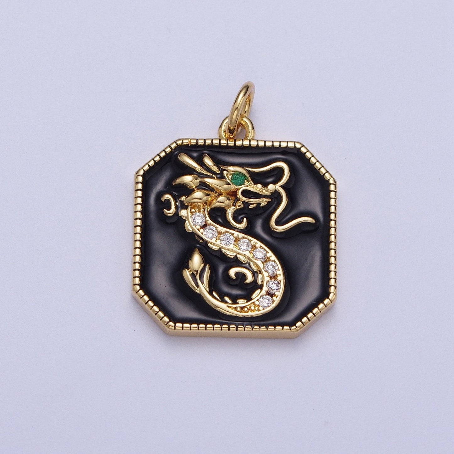 Gold/Silver Green-Eyed Dragon Pendant, GP Clear Micro Paved CZ Black Enamel Octagon Chinese Emerald Green Eye Dragon Charm | C-128