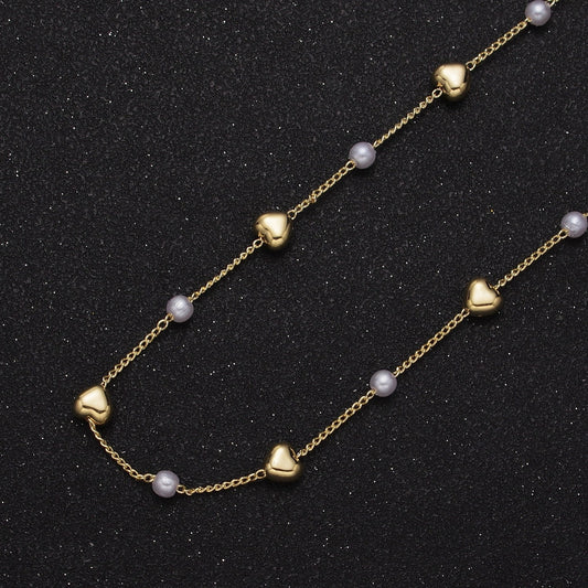 Unfinished Gold Pearl and Love Heart Beaded Satellite Chain by Yard, 24K Gold Plated CCB Wholesale Bulk Satellite Link Roll Chain | ROLL-830