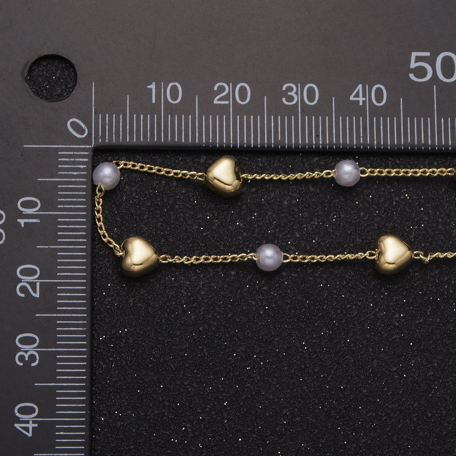 Unfinished Gold Pearl and Love Heart Beaded Satellite Chain by Yard, 24K Gold Plated CCB Wholesale Bulk Satellite Link Roll Chain | ROLL-830