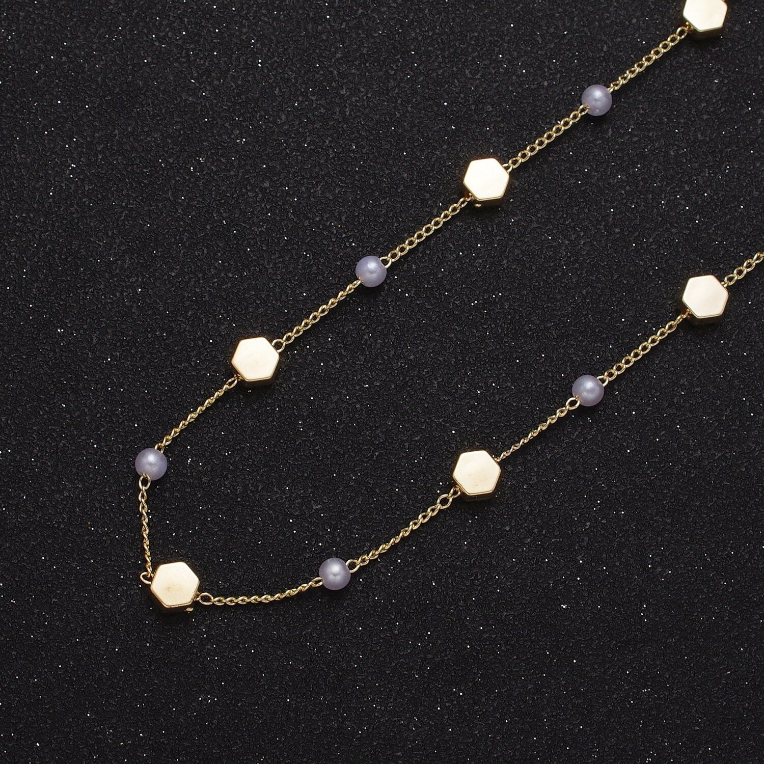 Unfinished Gold Pearl and Mini Hexagons Beaded Satellite Chain by Yard, 24K Gold Plated CCB Wholesale Bulk Satellite Roll Chain | ROLL-842