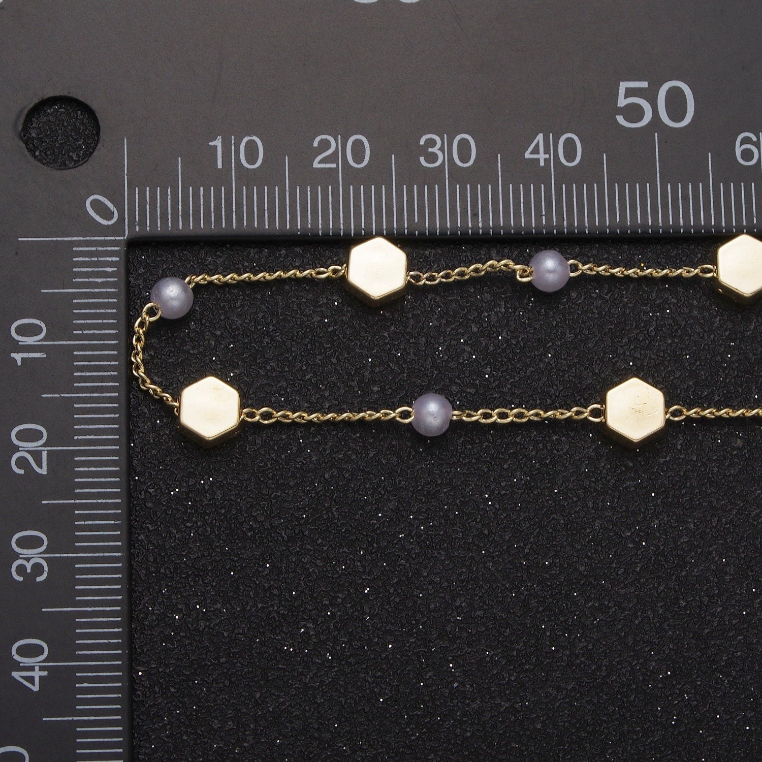 Unfinished Gold Pearl and Mini Hexagons Beaded Satellite Chain by Yard, 24K Gold Plated CCB Wholesale Bulk Satellite Roll Chain | ROLL-842