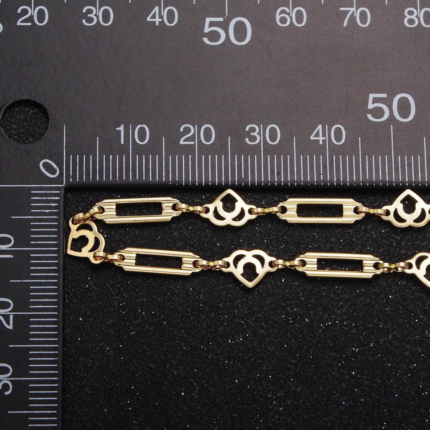 24K Gold Filled Unfinished Unique Flat Open Bar & Hearts w. Figure Eight Connector Bulk Wholesale Roll Chain by Yard | ROLL-849