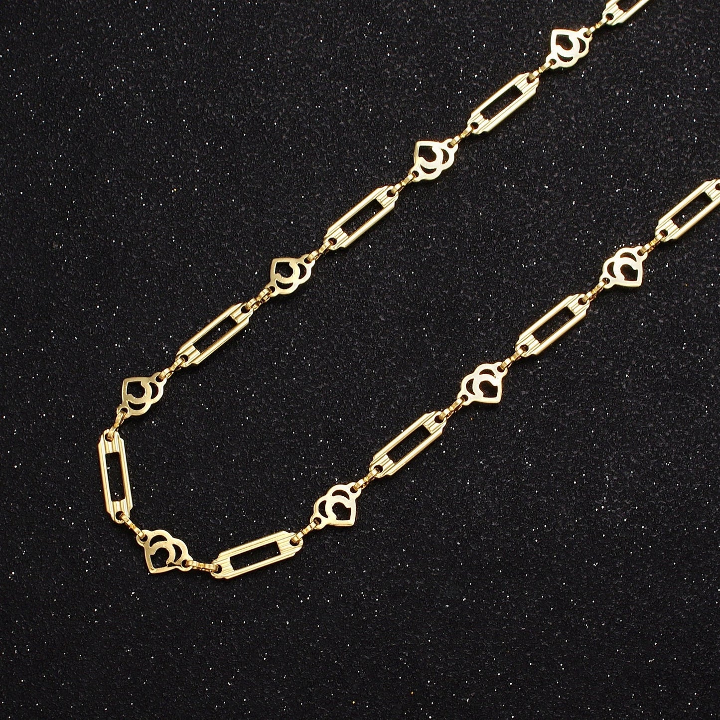 24K Gold Filled Unfinished Unique Flat Open Bar & Hearts w. Figure Eight Connector Bulk Wholesale Roll Chain by Yard | ROLL-849