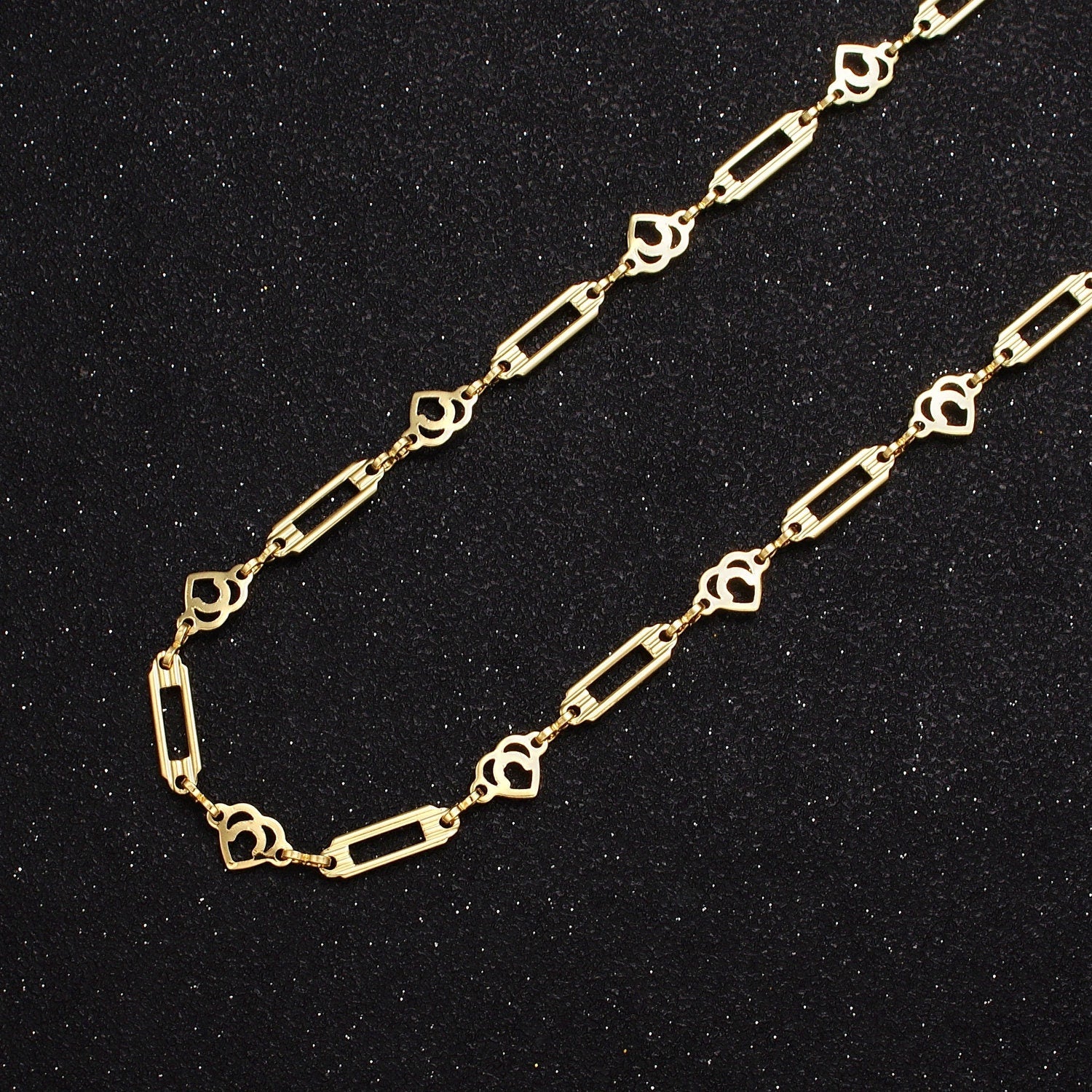 24K Gold Filled Unfinished Unique Flat Open Bar & Hearts w. Figure Eight Connector Bulk Wholesale Roll Chain by Yard | ROLL-849
