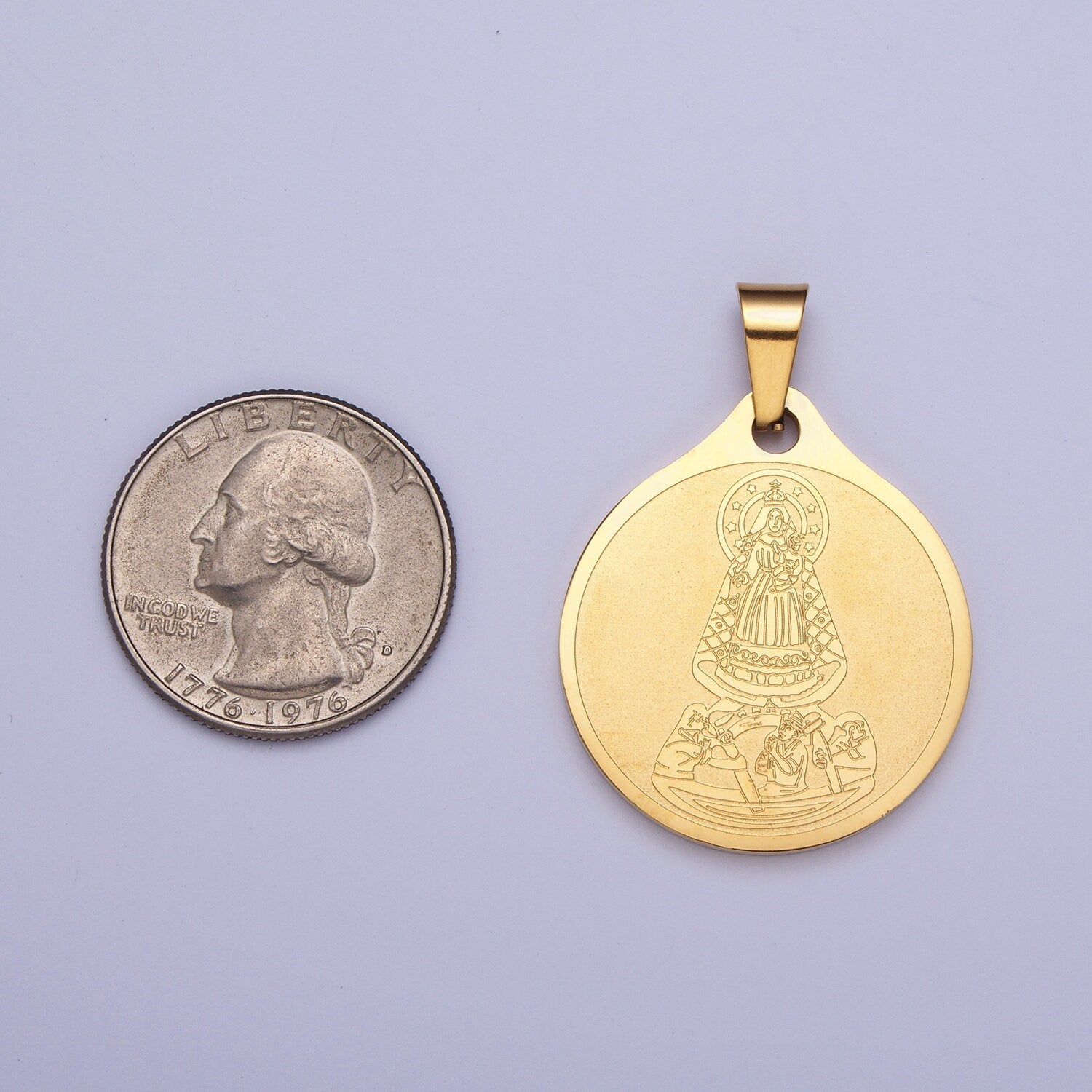 Virgin Mary Lady Guadalupe & Baby Jesus w. Spanish Religious Prayer Double-Sided 24K Gold Filled Stainless Steel Medallion Pendant | X-657
