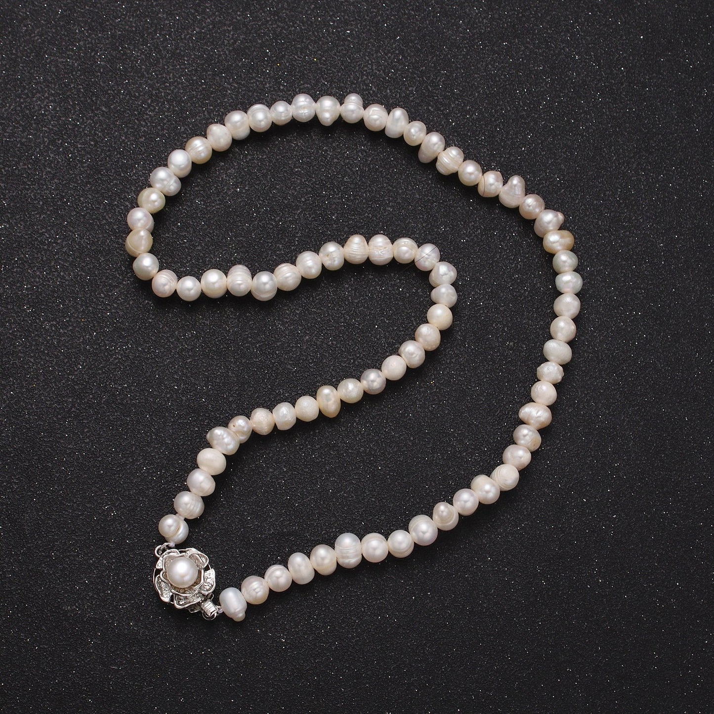 5.0mm Freshwater Pearl Floral Silver Necklace, 16.5" White Gold Filled Genuine Freshwater Mother of Pearl Flower Clasp Necklace | WA-1181