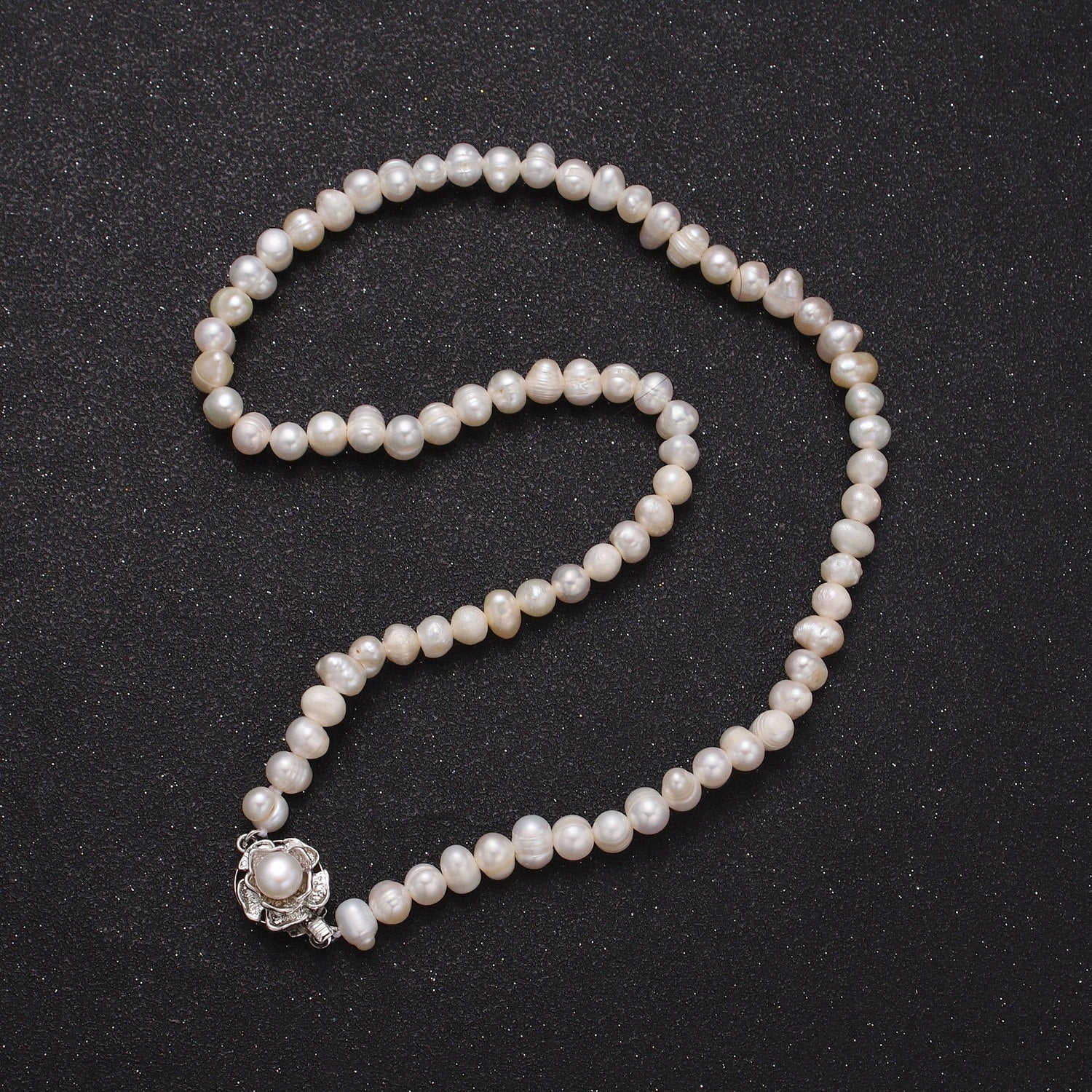 5.0mm Freshwater Pearl Floral Silver Necklace, 16.5" White Gold Filled Genuine Freshwater Mother of Pearl Flower Clasp Necklace | WA-1181