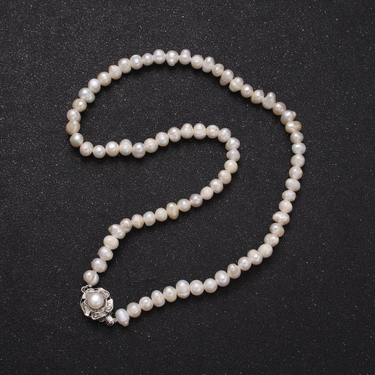 5.0mm Freshwater Pearl Floral Silver Necklace, 16.5" White Gold Filled Genuine Freshwater Mother of Pearl Flower Clasp Necklace | WA-1181