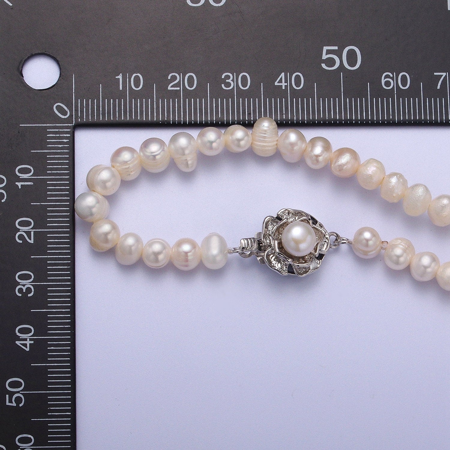 5.0mm Freshwater Pearl Floral Silver Necklace, 16.5" White Gold Filled Genuine Freshwater Mother of Pearl Flower Clasp Necklace | WA-1181