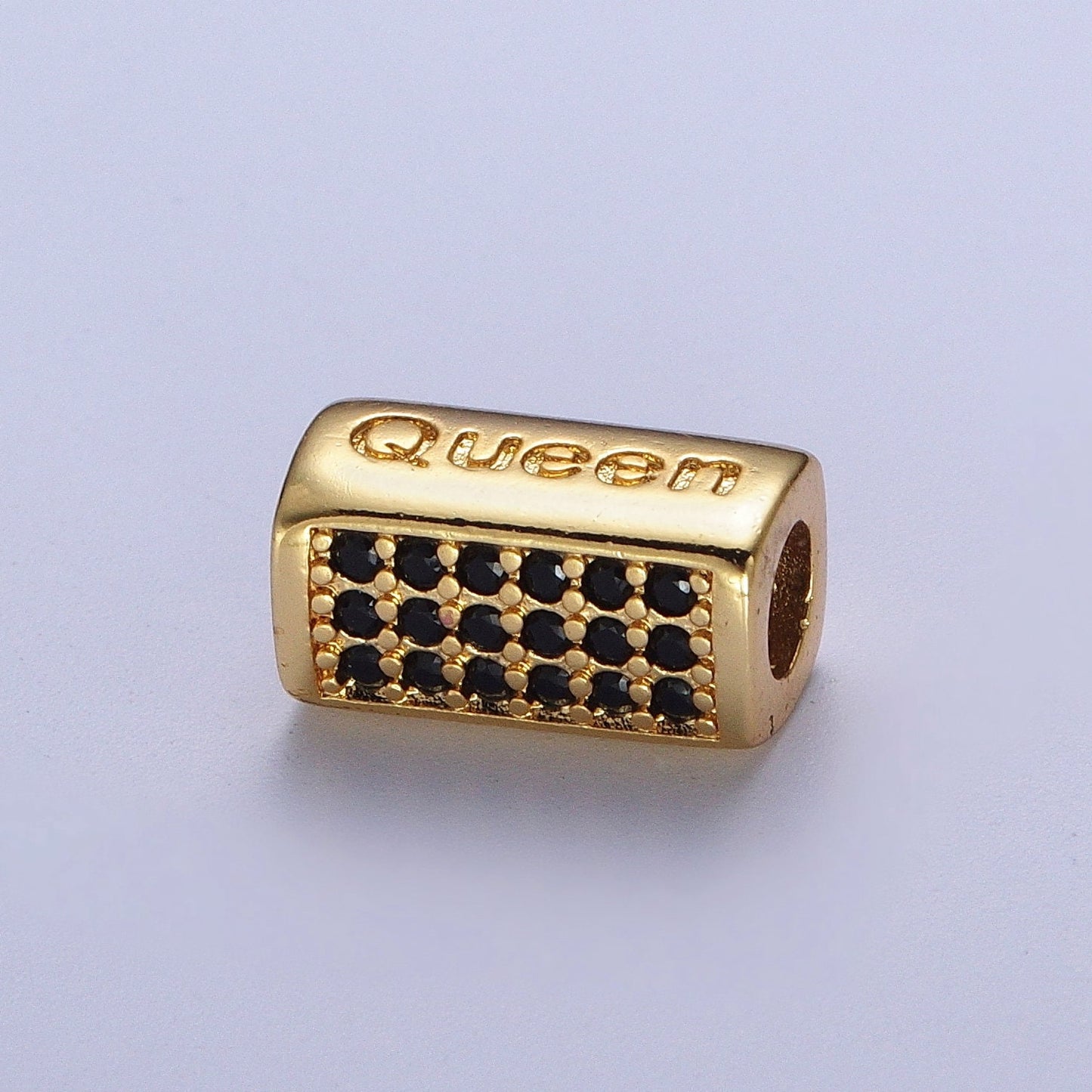 Gold/Silver Queen Embossed Lettering Black CZ Rectangular Bead Spacer, Gold Plated Open Micro Paved CZ Queen Bead Spacer | B-936